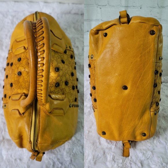 COSTANZA ROTA Yellow Floral Rivets Leather Top Handle Crossbody Bag - Picture 7 of 14